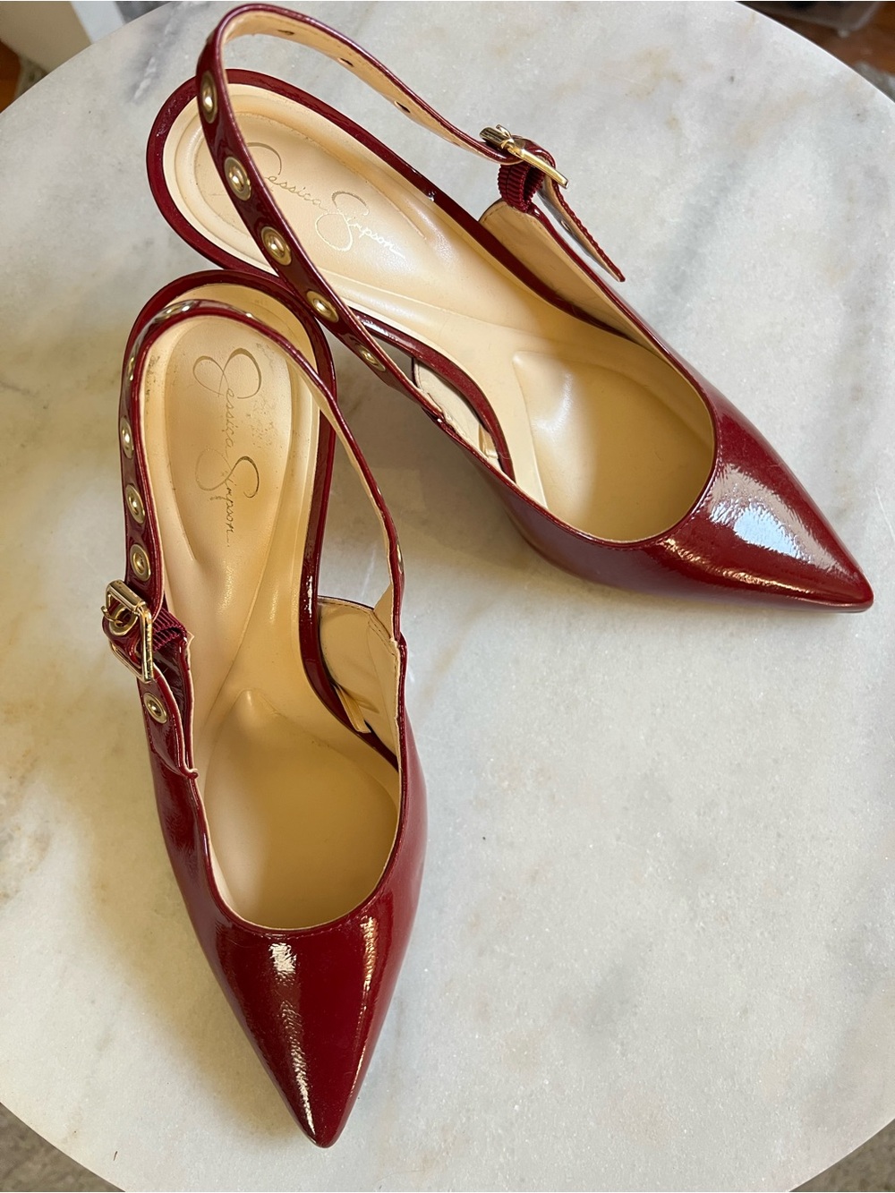 Jessica Simpson Wine Patent Pointed-Toe Slingback Heels